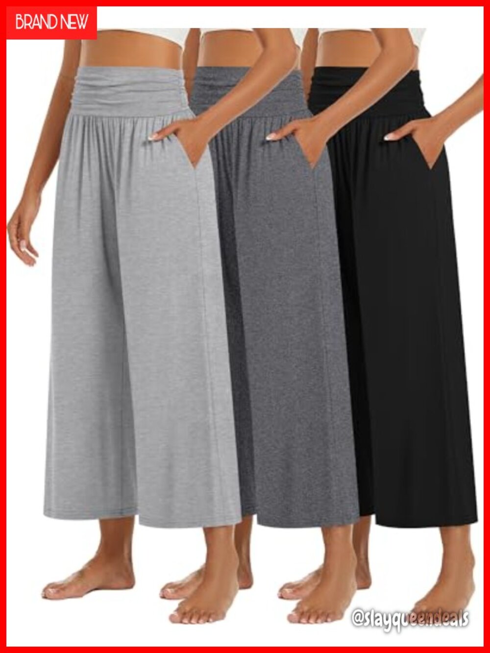 Wide Leg Capri Pants with Pockets High Waisted Pleated Palazzo Lounge